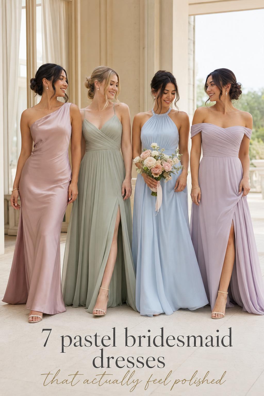 Pastel bridesmaid dresses in a modern wedding corridor, four bridesmaids in mix-and-match satin and chiffon gowns