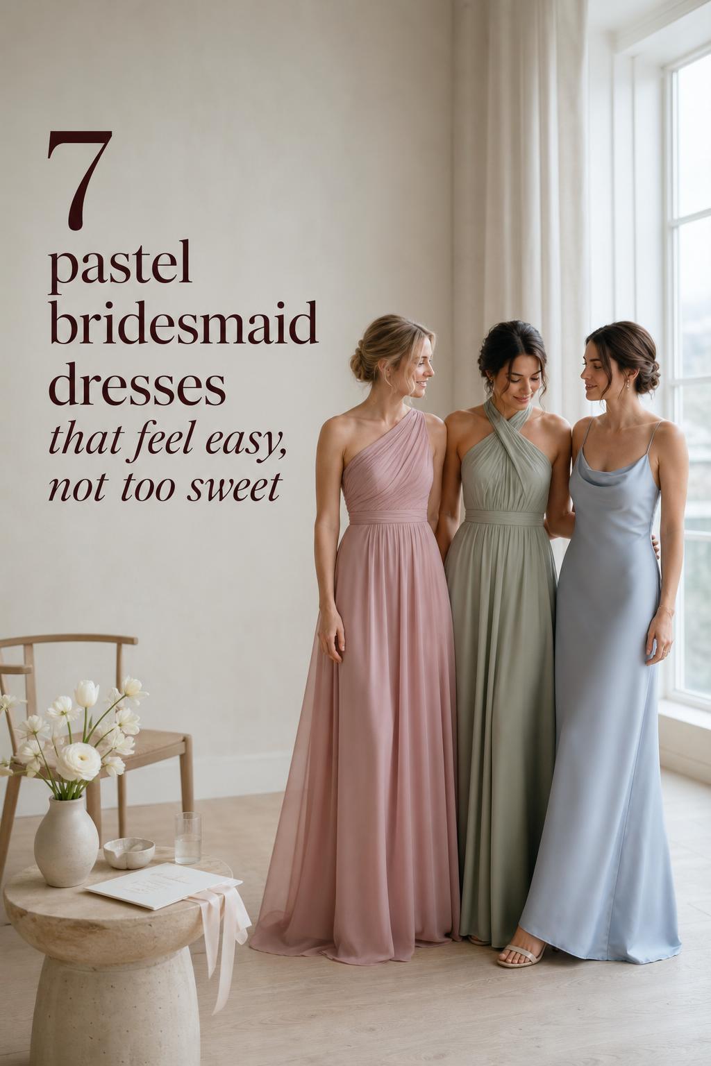 Pastel bridesmaid dresses in a Scandinavian bridal suite with three bridesmaids in dusty rose, sage, and powder blue