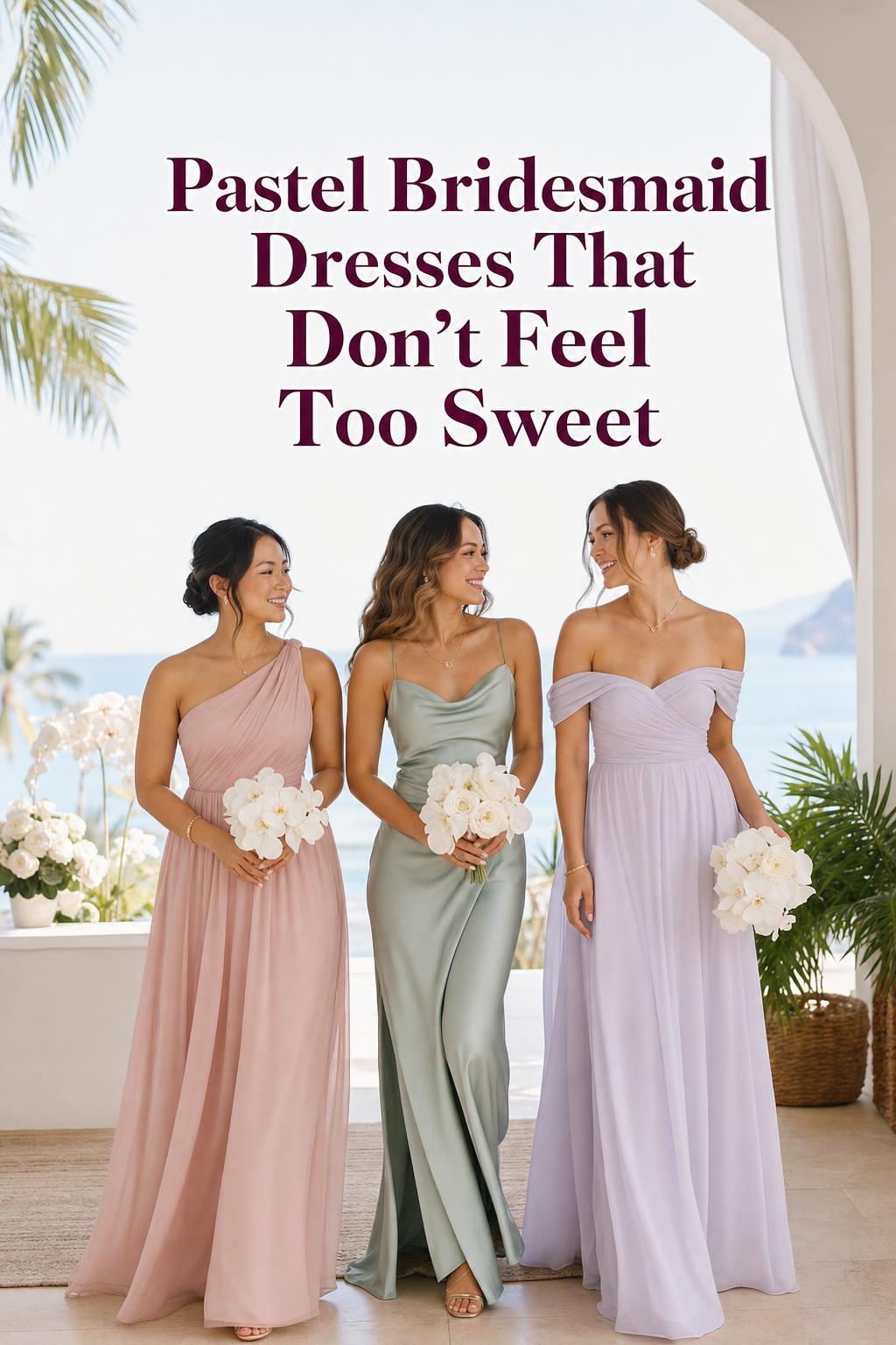 Pastel bridesmaid dresses on three bridesmaids at a luxury tropical oceanfront resort terrace with airy sky for text