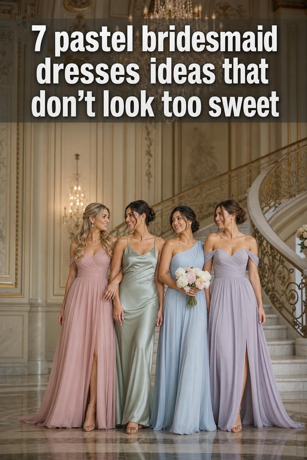 Pastel bridesmaid dresses in soft pink, lavender, and mint tones, captured in a bright wedding portrait