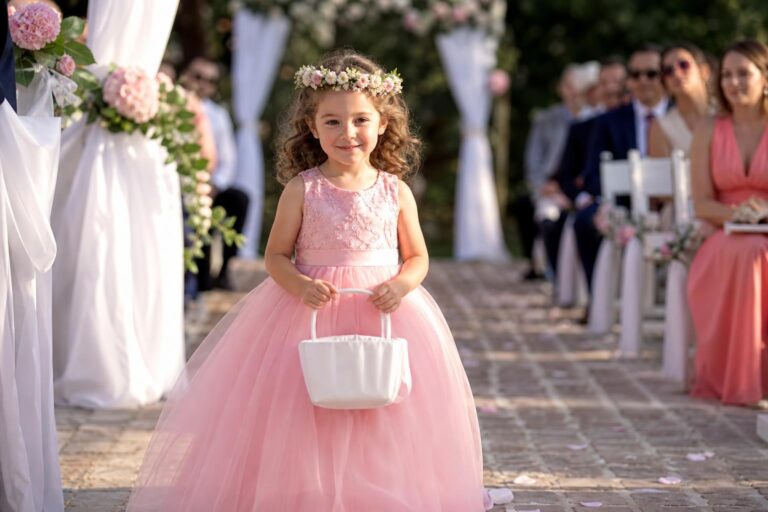 Pink flower girl dresses in blush tulle and lace, styled for a wedding aisle with soft floral details