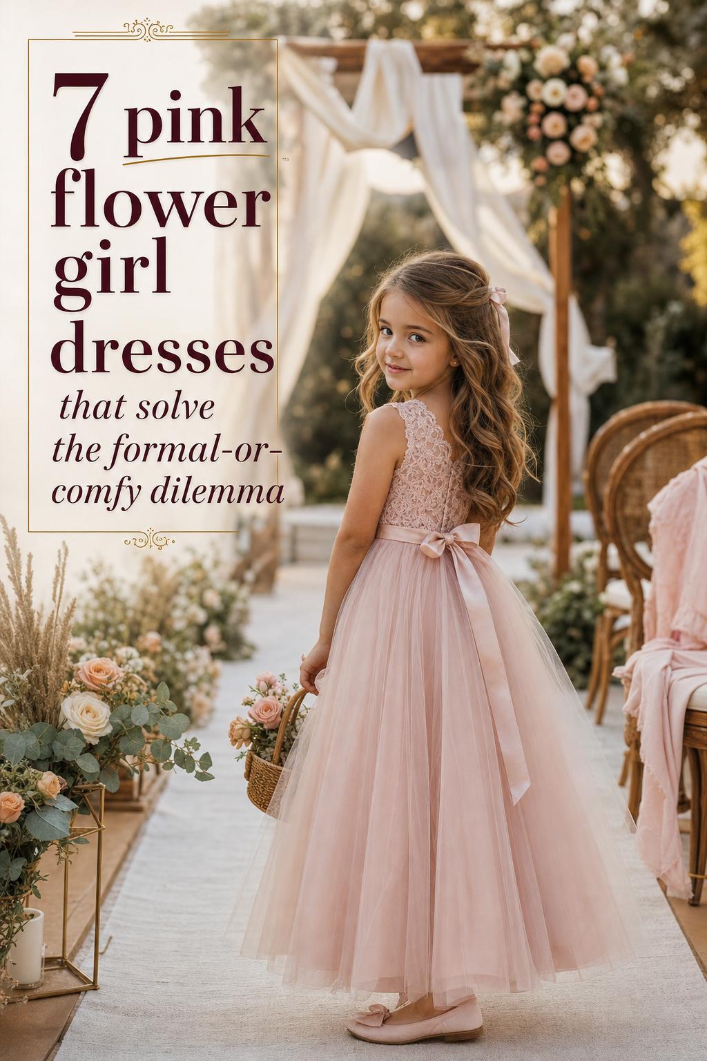 Pink flower girl dresses in a luxe boho garden wedding aisle, blush tulle dress in warm golden hour light