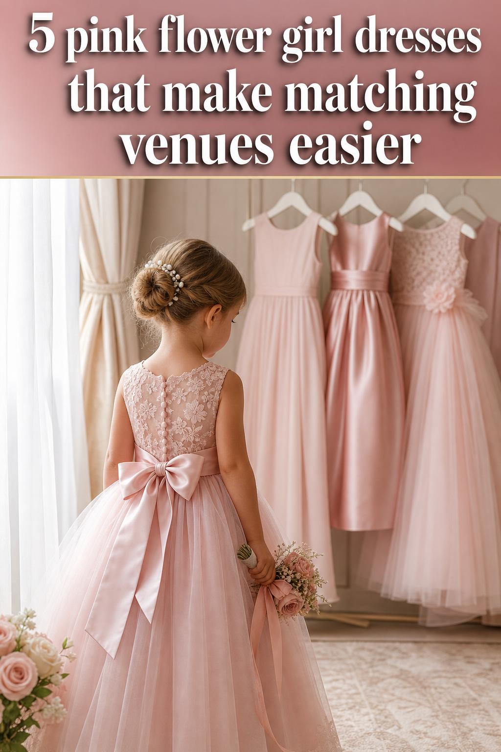 Pink flower girl dresses in a bright wedding garden, with delicate lace and satin details