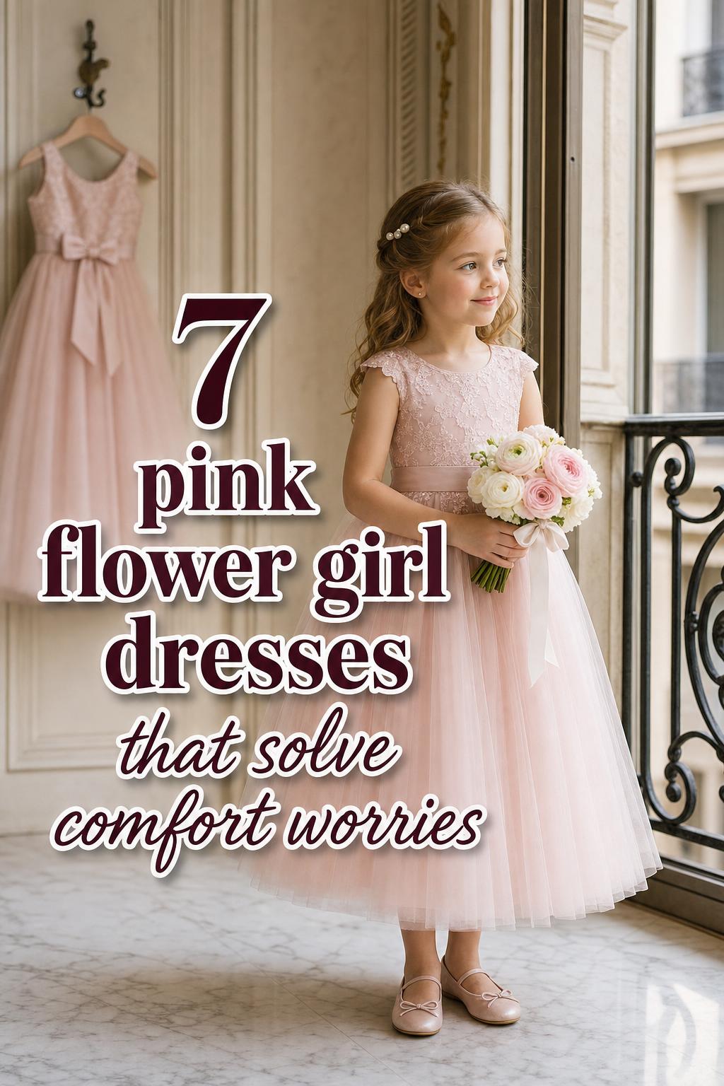 Pink flower girl dresses in Paris: young flower girl in blush tulle dress by wrought-iron balcony doorway, holding bouquet.