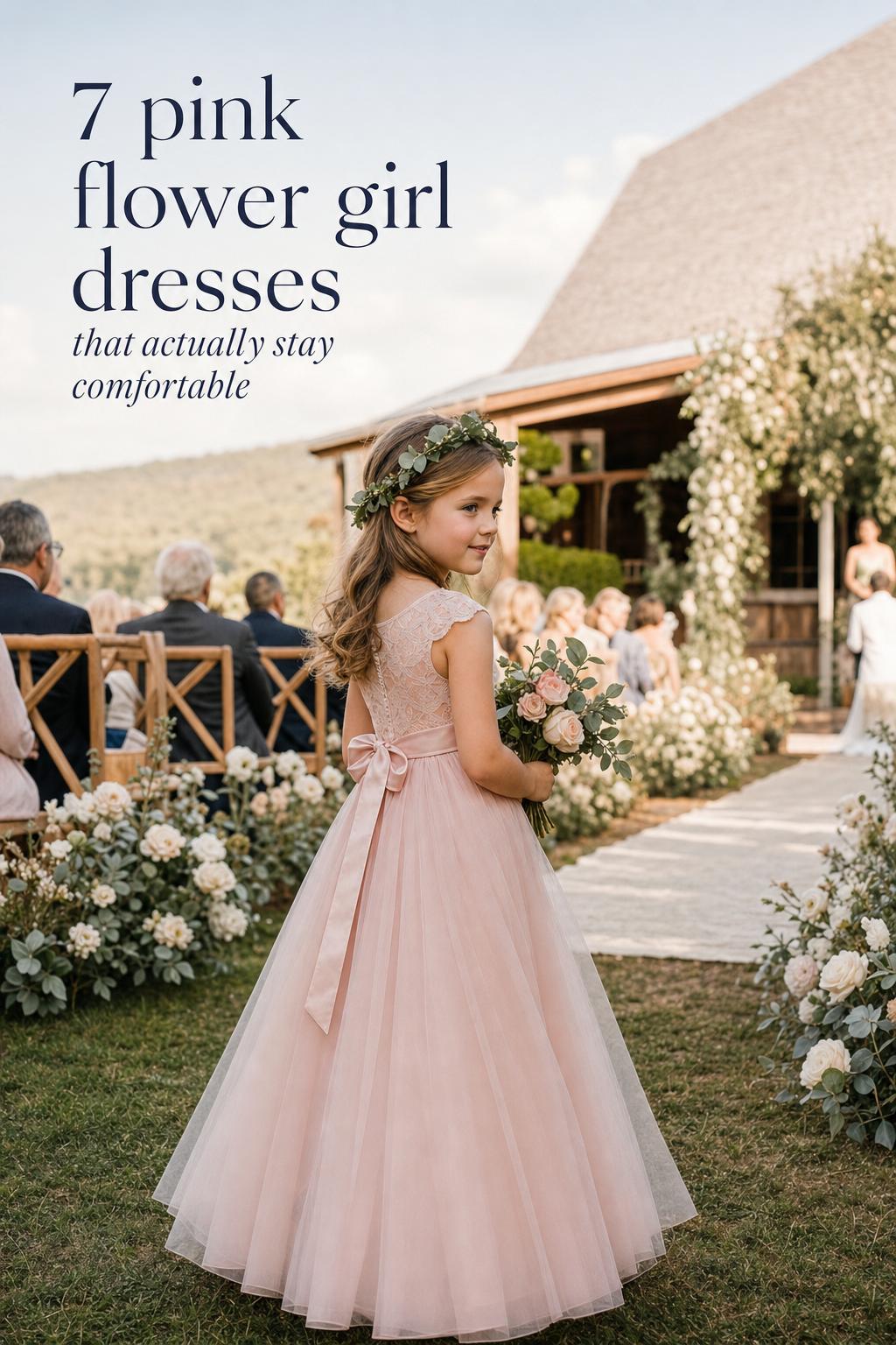Pink flower girl dresses on a countryside wedding aisle, featuring a blush tulle dress with lace bodice in golden-hour light