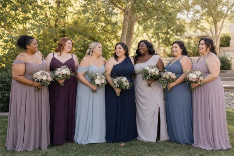 Plus size bridesmaid dresses in chiffon and satin, floor-length A-line styles in navy and blush at an elegant wedding