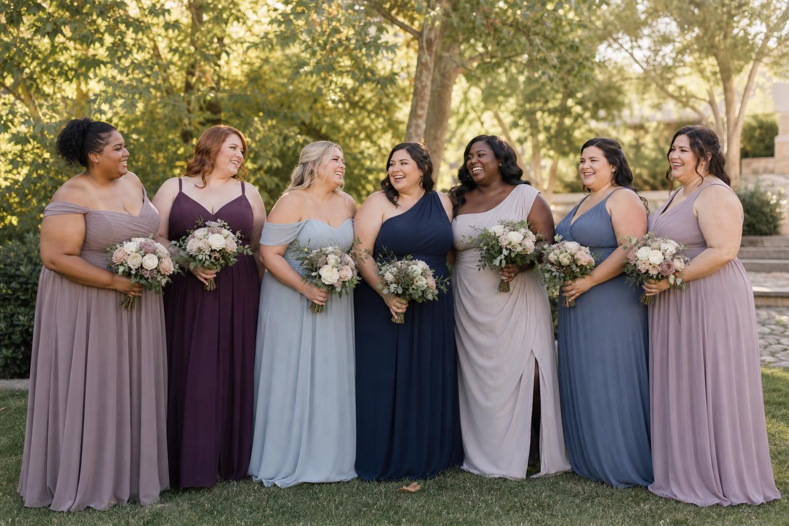 Plus size bridesmaid dresses in chiffon and satin, floor-length A-line styles in navy and blush at an elegant wedding