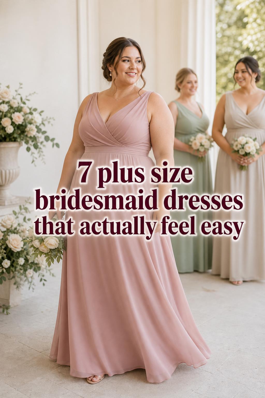 Plus size bridesmaid dresses editorial photo with chiffon gown in bright bridal suite and text overlay: 7 plus size bridesmaid dresses that actually feel easy