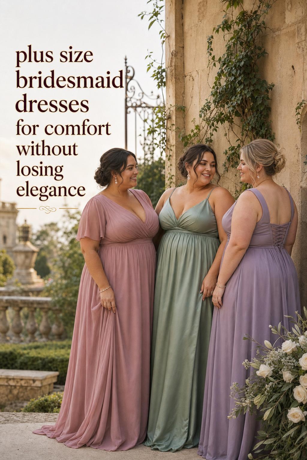 Plus size bridesmaid dresses on three bridesmaids in a European villa garden at golden hour, romantic editorial wedding photo