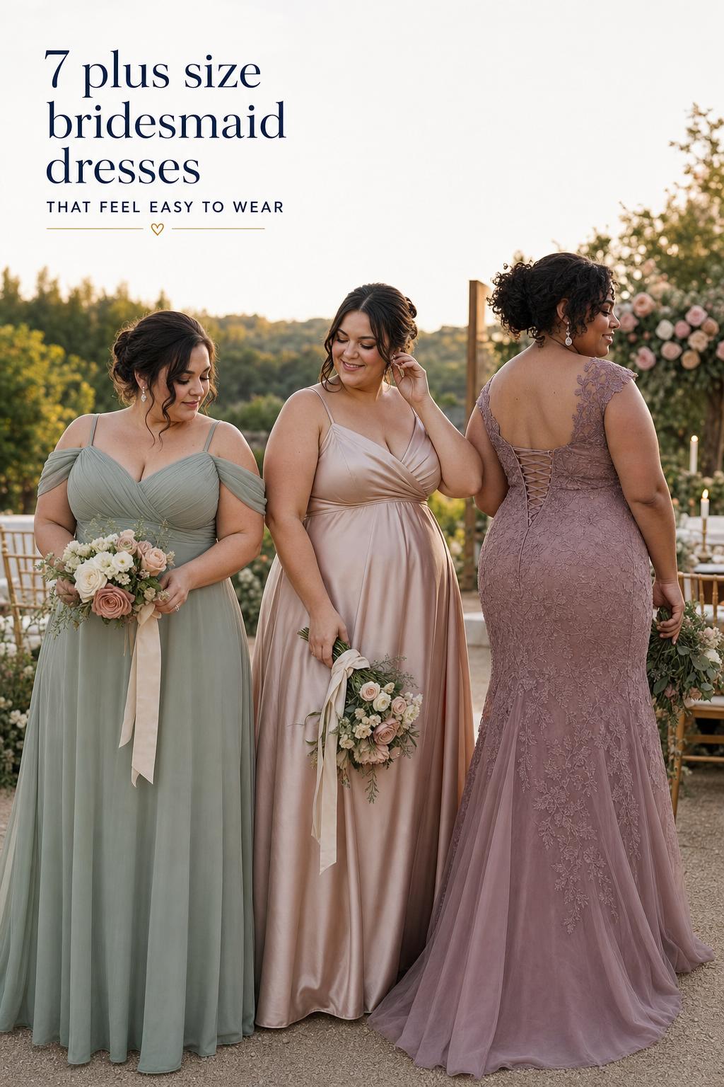 Plus size bridesmaid dresses in sage, rose, and champagne at a golden-hour garden wedding, three bridesmaids in floor-length gowns.