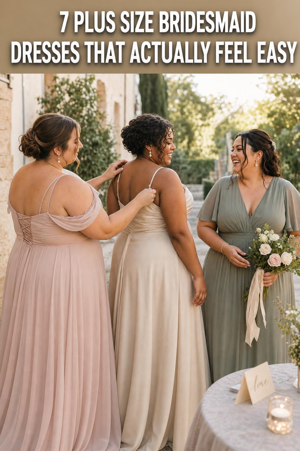 Plus size bridesmaid dresses in soft blush tones during an elegant wedding party portrait