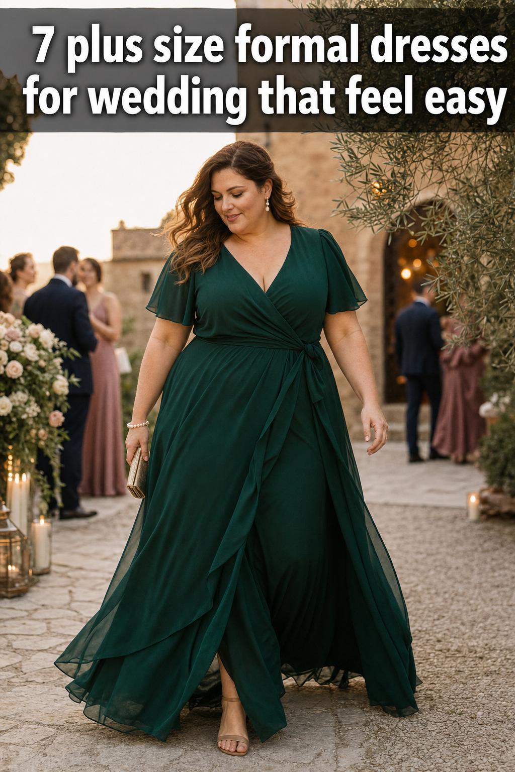 Plus size formal dresses for wedding in an elegant bridal party photo at a modern venue