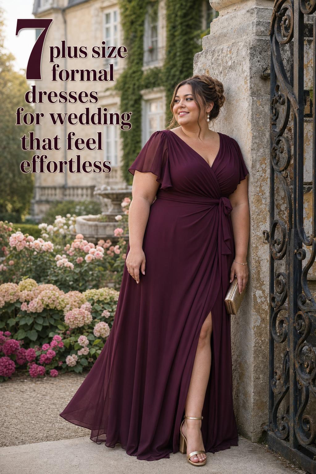 Plus size formal dresses for wedding inspiration in a European garden, jewel-tone gown with elegant château terrace backdrop
