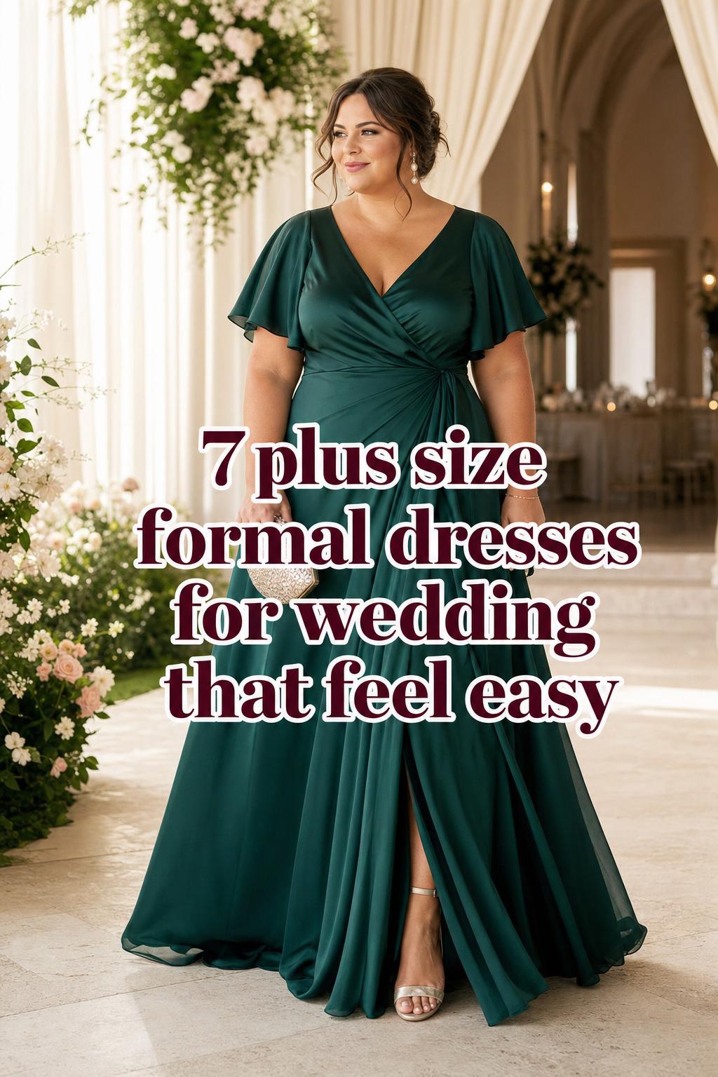 Plus size formal dresses for wedding guest in jewel-tone satin gown at airy garden-to-venue transition space