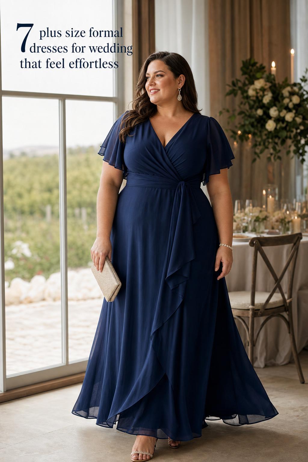 Plus size formal dresses for wedding guest in jewel-tone satin gown by a window in a refined venue with soft daylight.