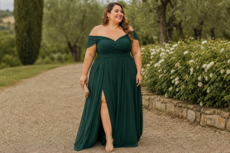 Plus size formal dresses for wedding guests in elegant satin and chiffon gowns at an evening venue