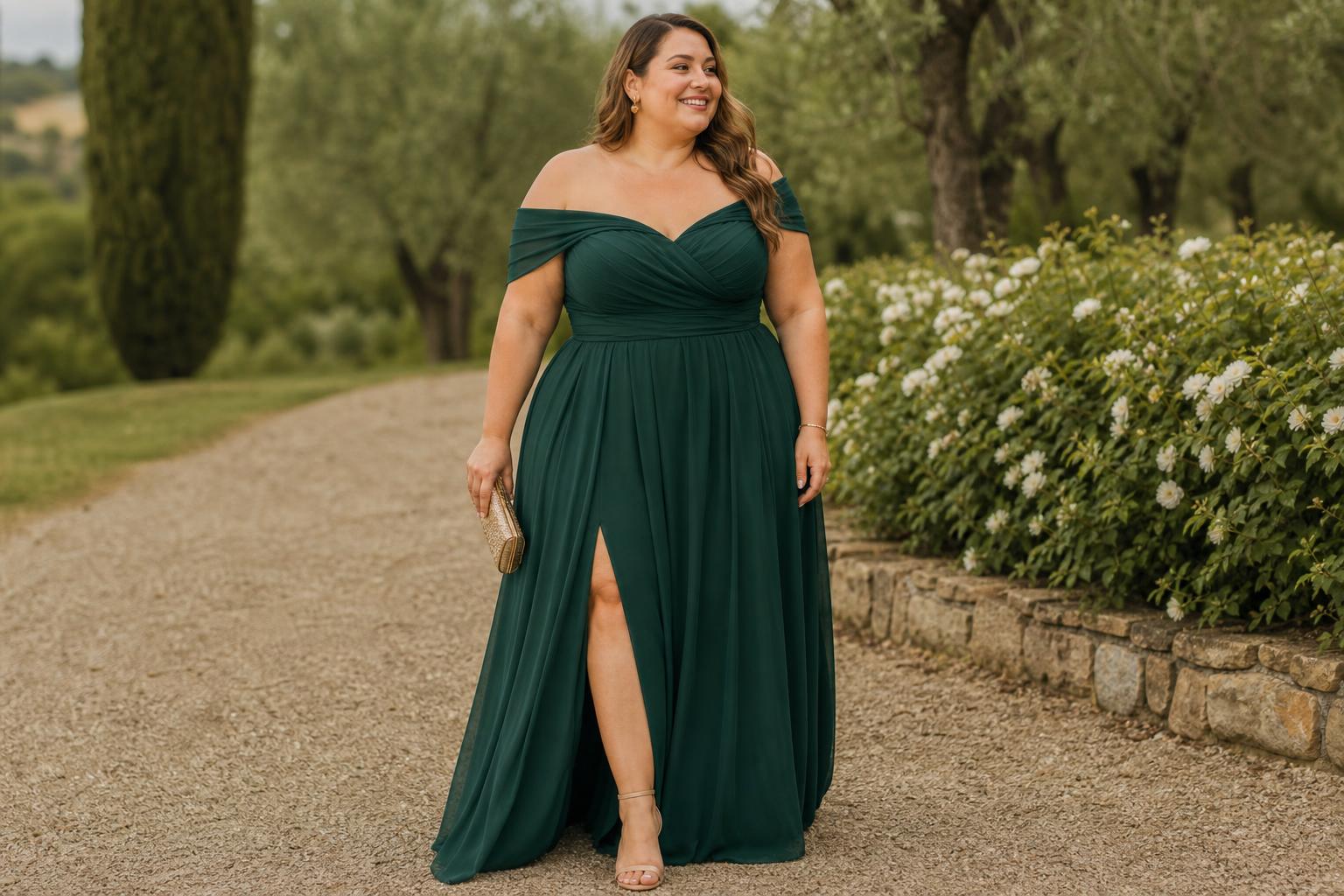 Plus size formal dresses for wedding guests in elegant satin and chiffon gowns at an evening venue