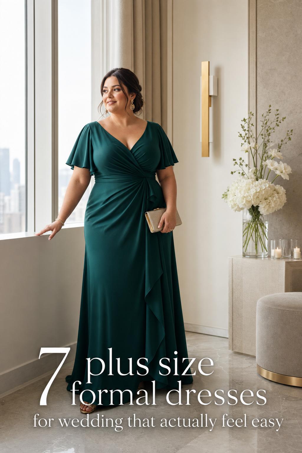 Plus size formal dresses for wedding styling in a modern hotel suite, featuring a woman in an elegant satin gown by a window