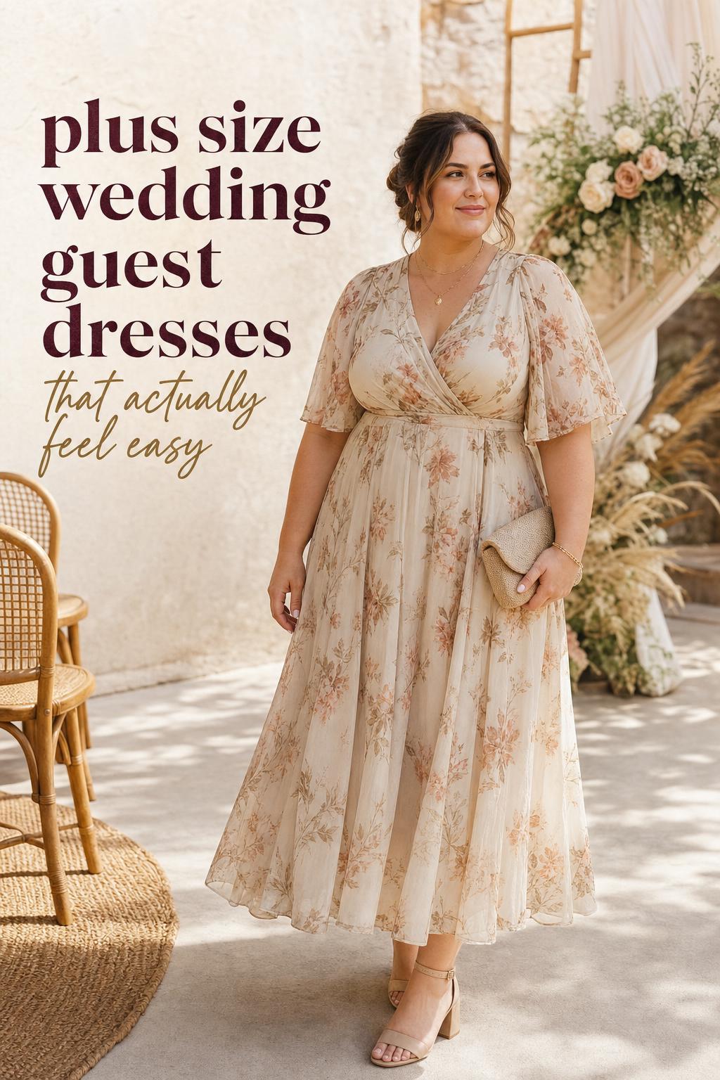 Plus size wedding guest in a bohemian luxe maxi dress posing by a desert garden ceremony arch at golden hour