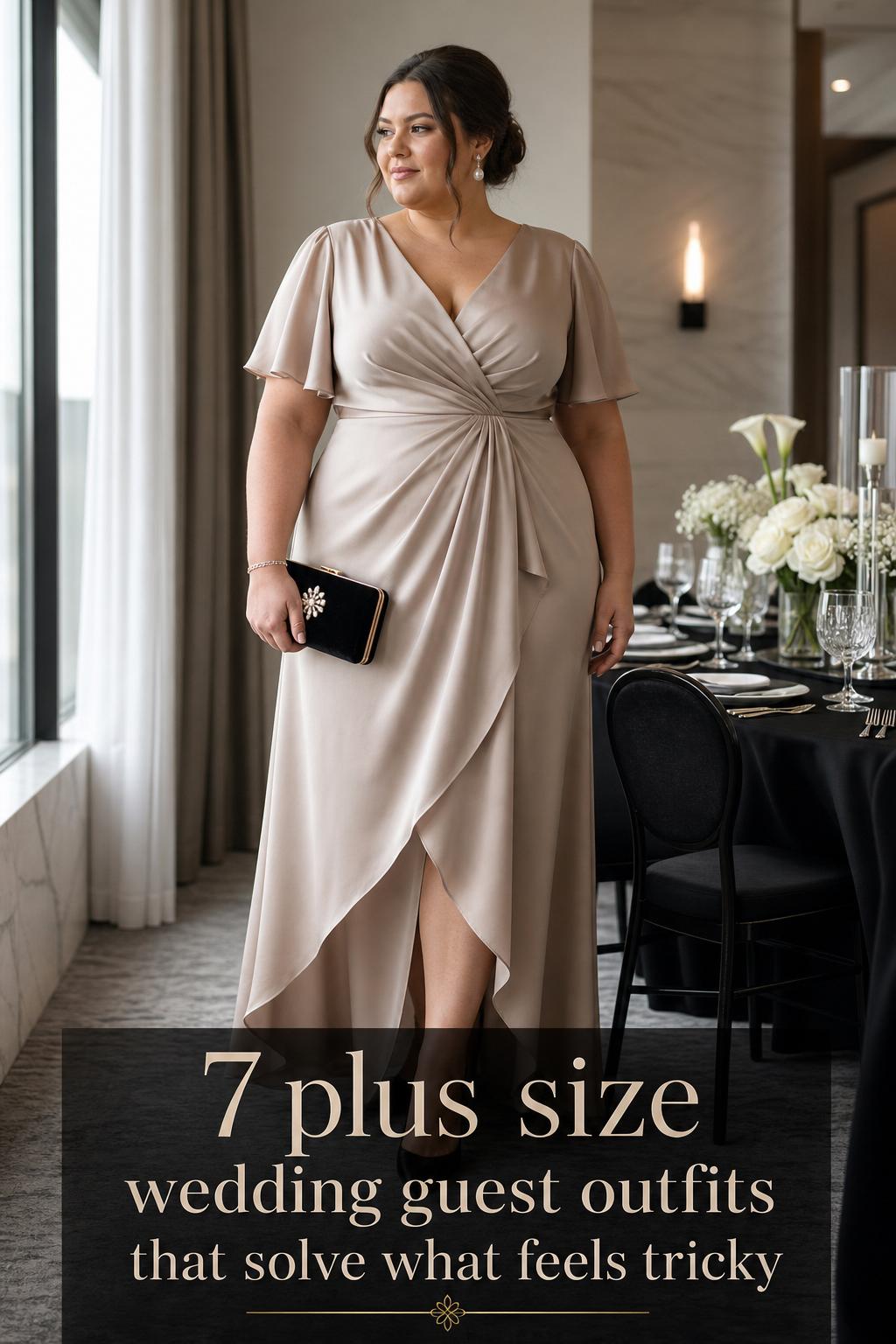 Plus size wedding guest in champagne satin maxi dress with pearl earrings in a luxury hotel bridal suite, soft window light.
