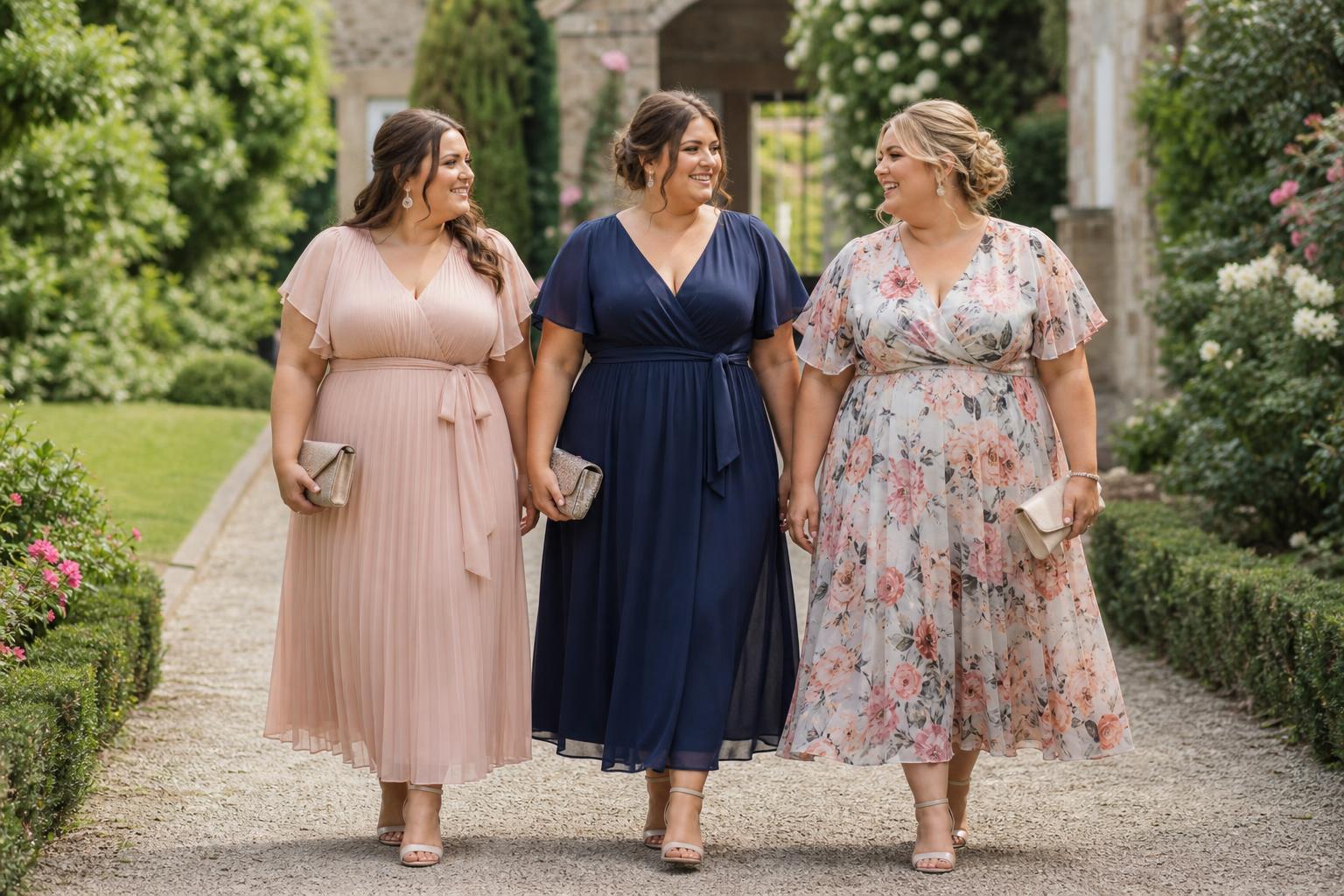Plus size wedding guest in an elegant chiffon midi dress at a garden venue, styled with heels and clutch