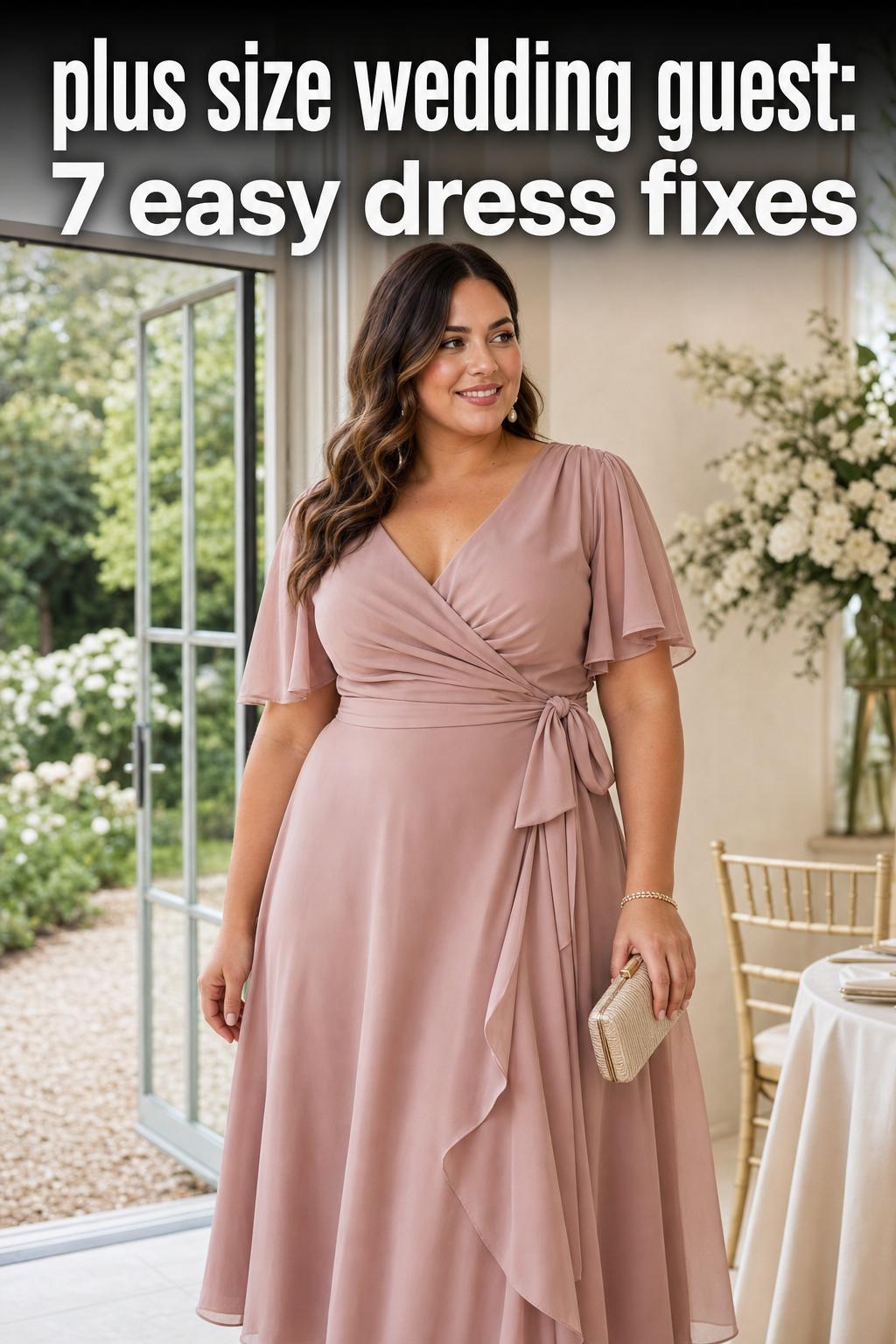 Plus size wedding guest in an elegant dress at a sunset outdoor reception, smiling and holding a clutch