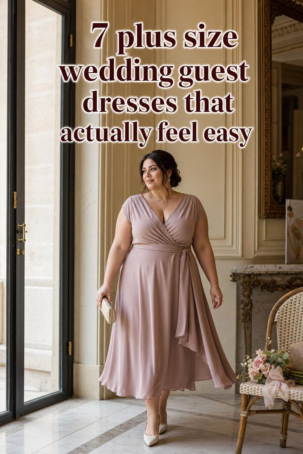Plus size wedding guest in a Parisian hotel hallway wearing a flowing champagne midi dress with elegant accessories