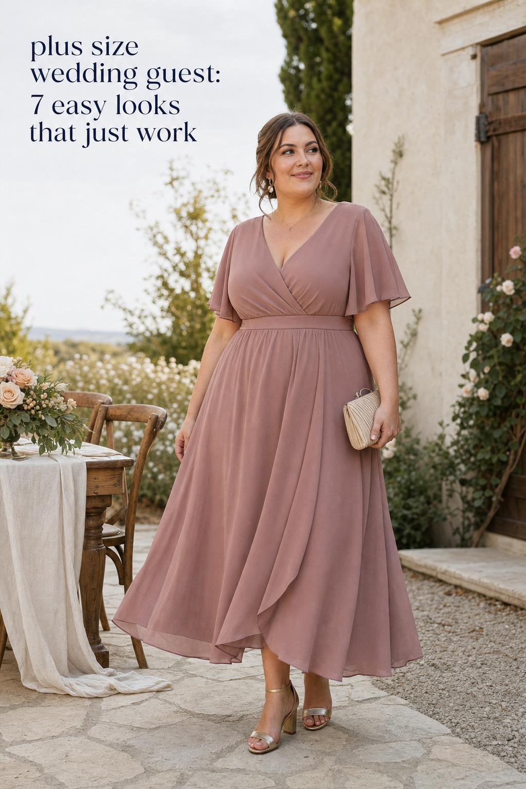 Plus size wedding guest in a modest midi dress on a rustic countryside vineyard path, warm golden hour wedding setting