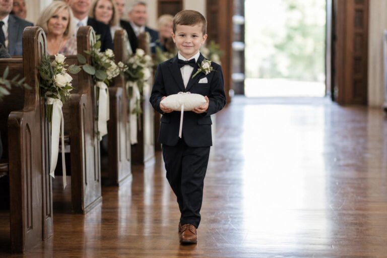 Polished ring bearer outfit with navy suit, white shirt, bow tie, and suspenders for a wedding ceremony