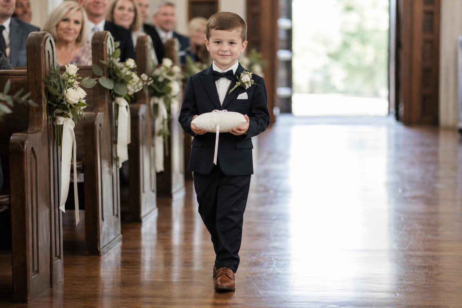 Polished ring bearer outfit with navy suit, white shirt, bow tie, and suspenders for a wedding ceremony
