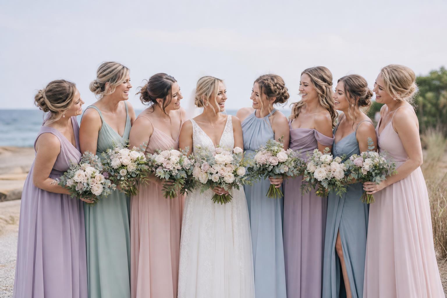 Pastel bridesmaid dresses in blush, lilac, sage, and powder blue arranged for a polished spring wedding palette