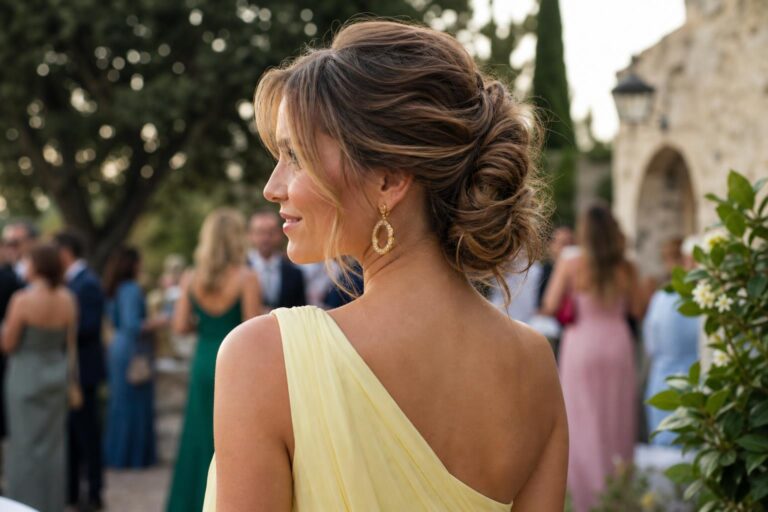 Polished spring wedding guest hairstyles in a low bun and soft half-up waves, photographed in natural light