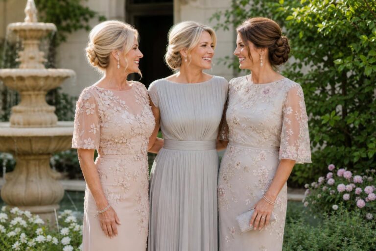 Refined spring mother of the bride dresses in soft chiffon and lace, photographed in natural light for a classic wedding look