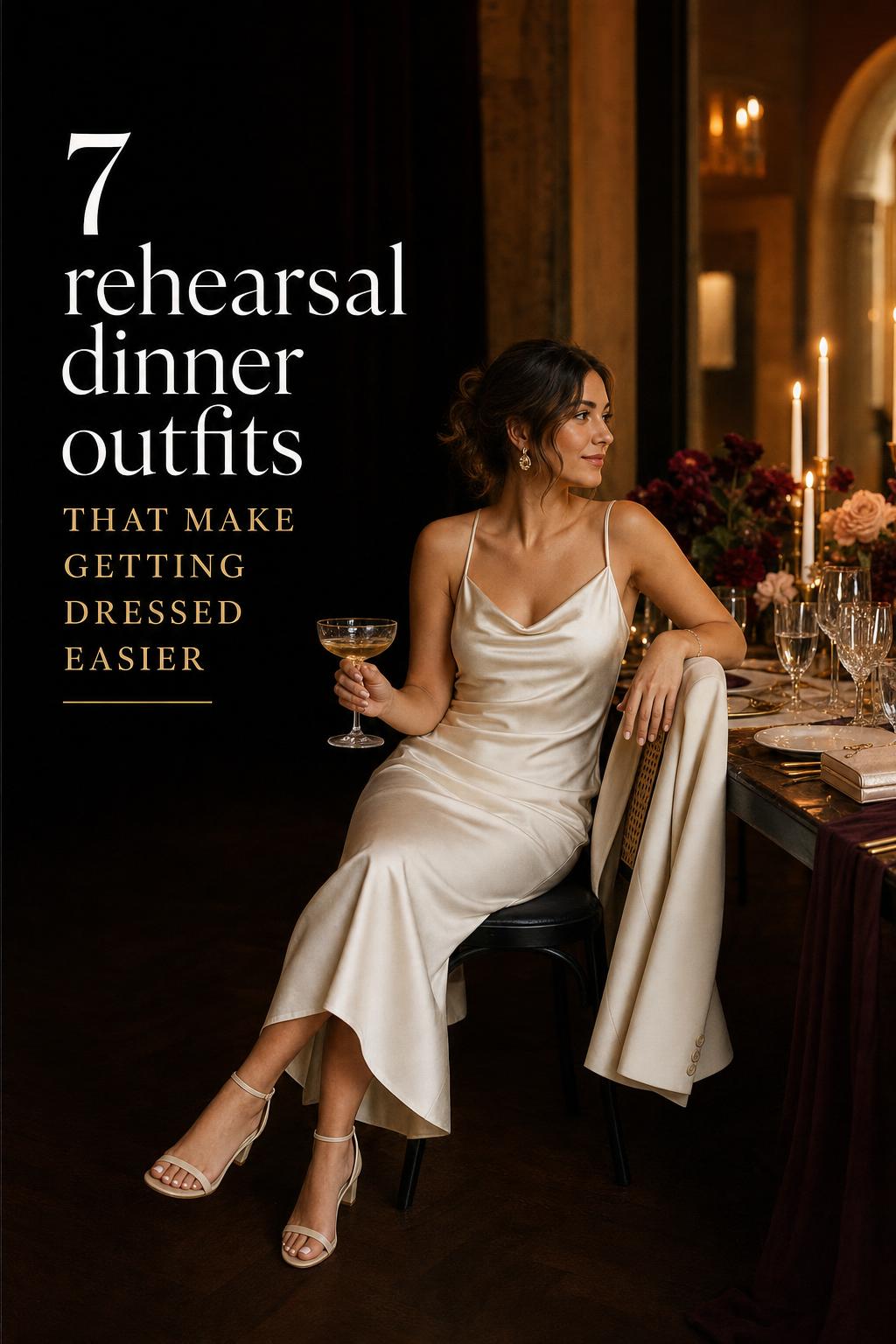 Stylish woman in champagne silk midi dress at candlelit table, showcasing elegant rehearsal dinner outfits in a luxe venue