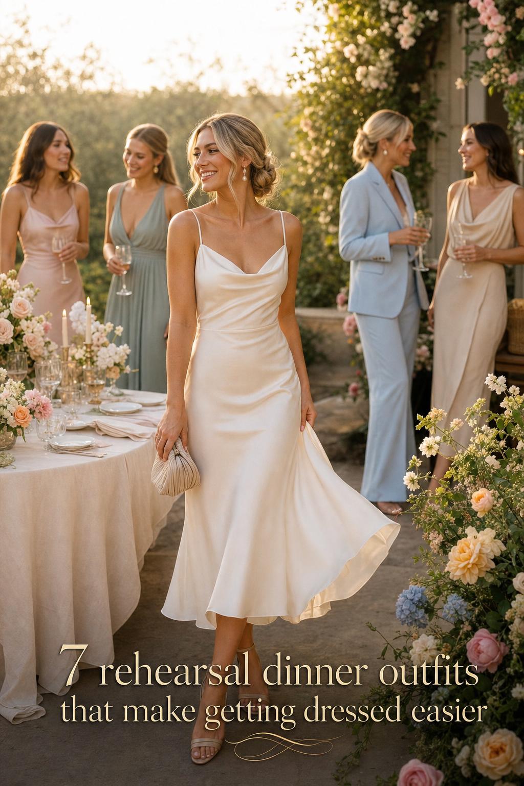Bride-to-be in ivory silk midi dress on garden terrace at golden hour, elegant rehearsal dinner outfits inspiration.
