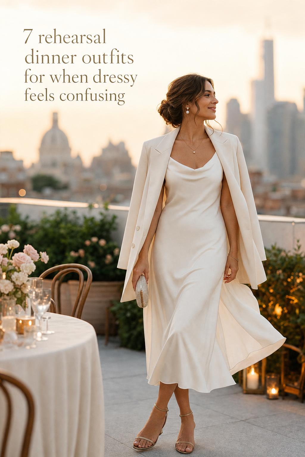 Elegant woman in ivory silk slip dress and blazer on rooftop at golden hour, showcasing rehearsal dinner outfits
