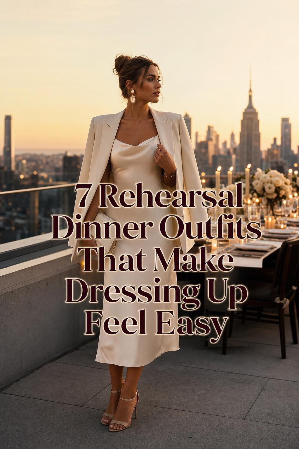 Rehearsal dinner outfits inspiration: bride in ivory silk midi dress and cream blazer on rooftop at golden hour