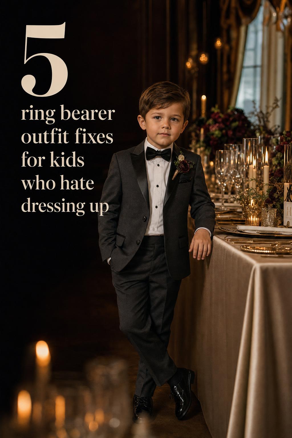 Ring bearer outfit idea: young boy in charcoal tuxedo by candlelit wedding reception table, warm moody indoor venue