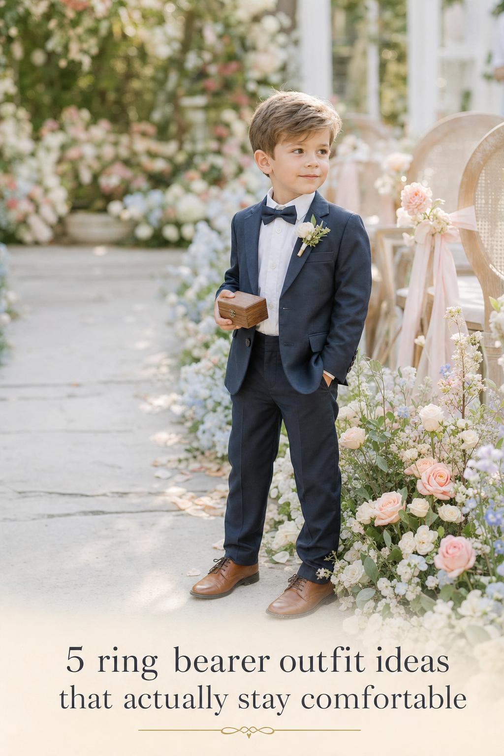 Ring bearer outfit inspiration: young boy in navy mini suit beside a floral garden wedding aisle in soft daylight