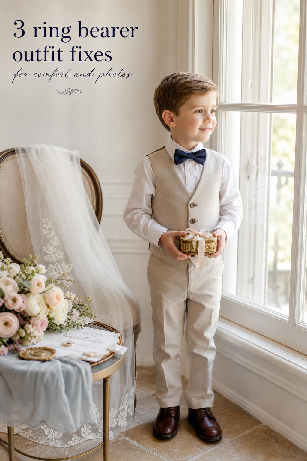 Ring bearer outfit on a young boy by a bright window, holding a gold ring box in an elegant wedding venue.