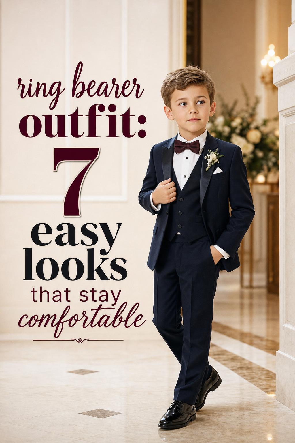Ring bearer outfit in a navy mini tuxedo on a stylish 6-year-old boy at a luxury wedding venue with editorial lighting