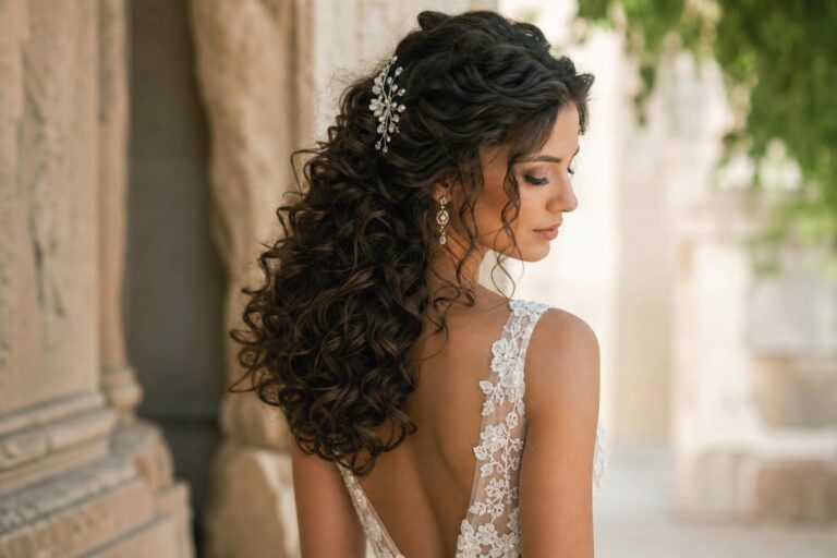 Romantic curls hairstyles for wedding with a soft half-up style and veil-ready volume