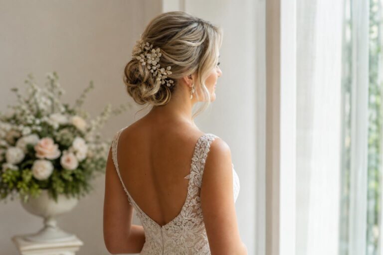 Romantic half-up waves with floral pins, hairstyles for wedding in a garden venue
