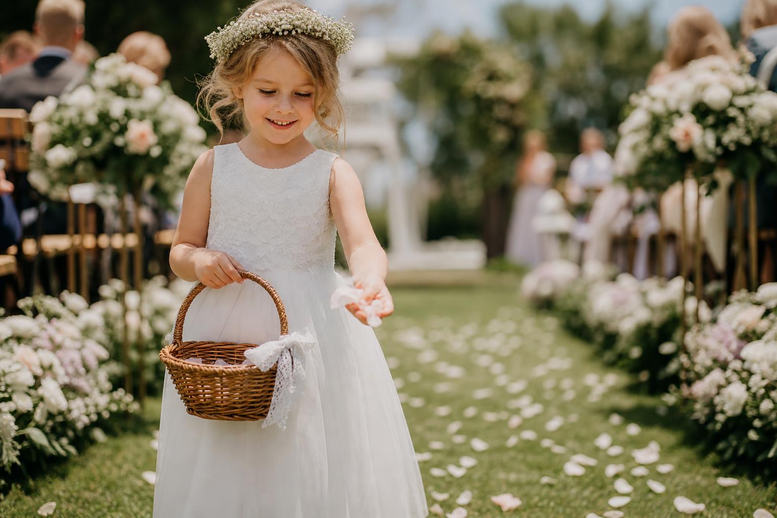 Romantic lace and satin flower girl basket ideas with soft rose petals for a polished wedding aisle moment