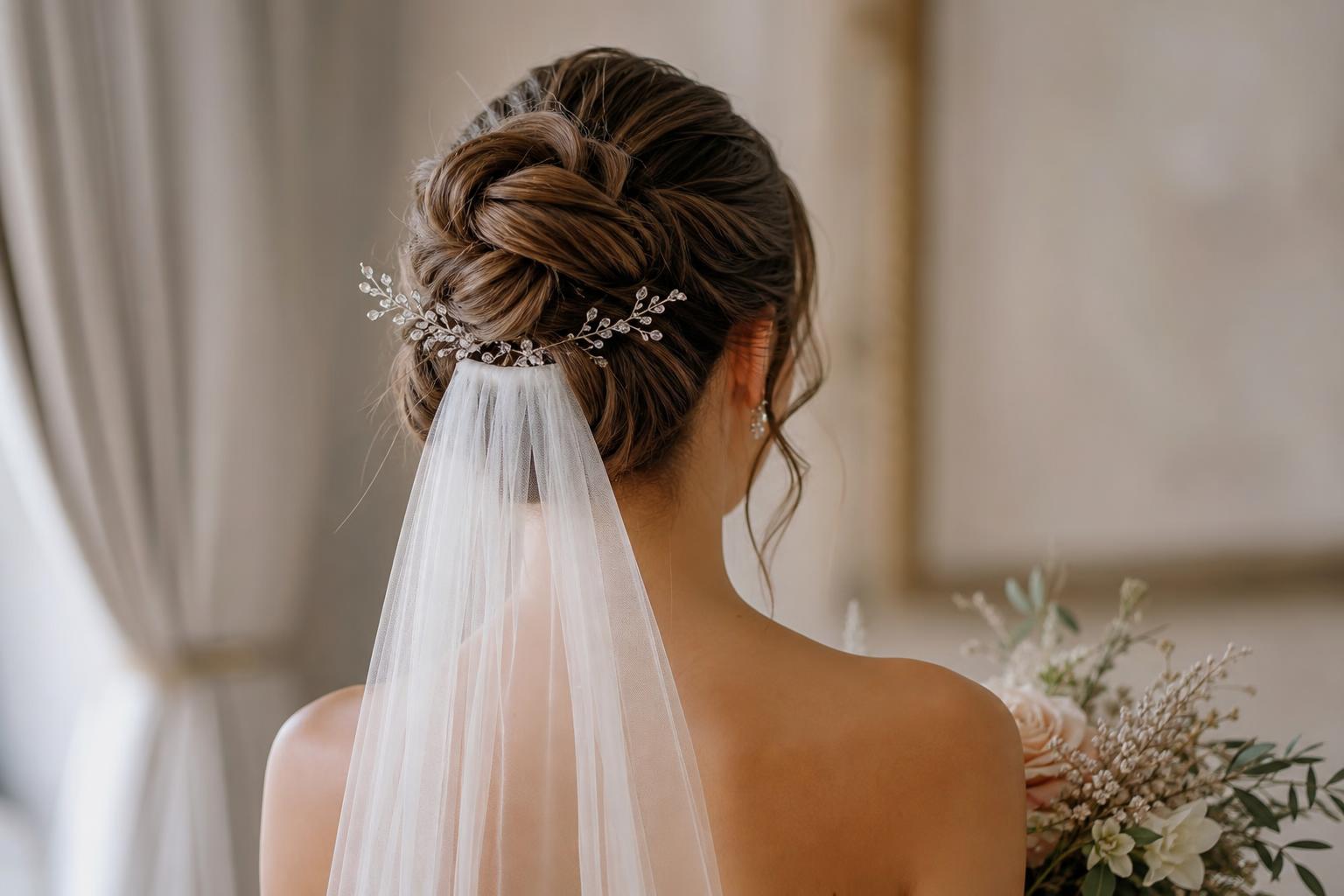 Bride wearing a romantic low bun hairstyle for wedding with veil pinned underneath, soft tendrils framing her face