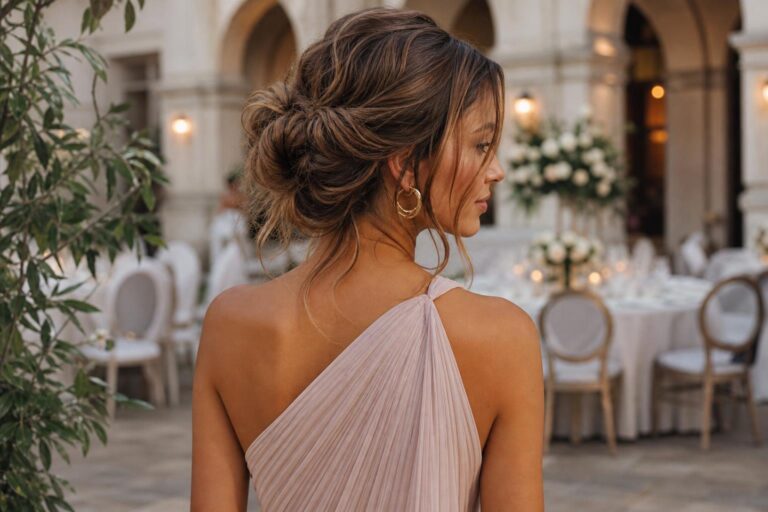 Romantic low bun hairstyle for wedding guest with soft face-framing pieces and pearl hair pins