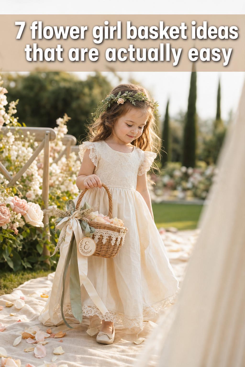 Rustic flower girl basket ideas with white roses and greenery for a wedding aisle entrance