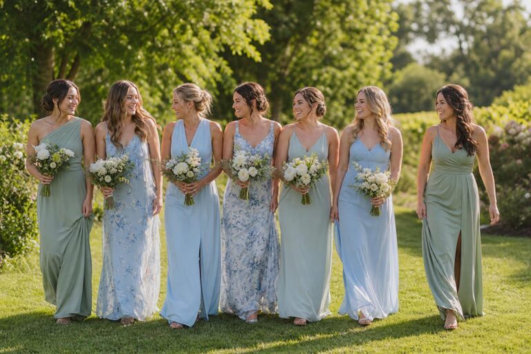 Summer bridesmaid dresses in sage green chiffon, flowy A-line gowns for an outdoor garden wedding in warm sunlight