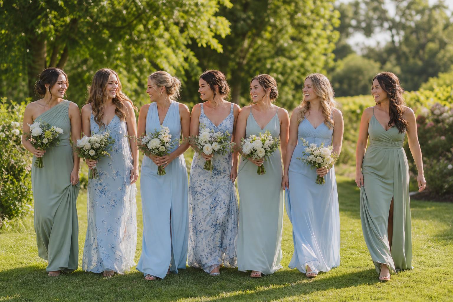 Summer bridesmaid dresses in sage green chiffon, flowy A-line gowns for an outdoor garden wedding in warm sunlight