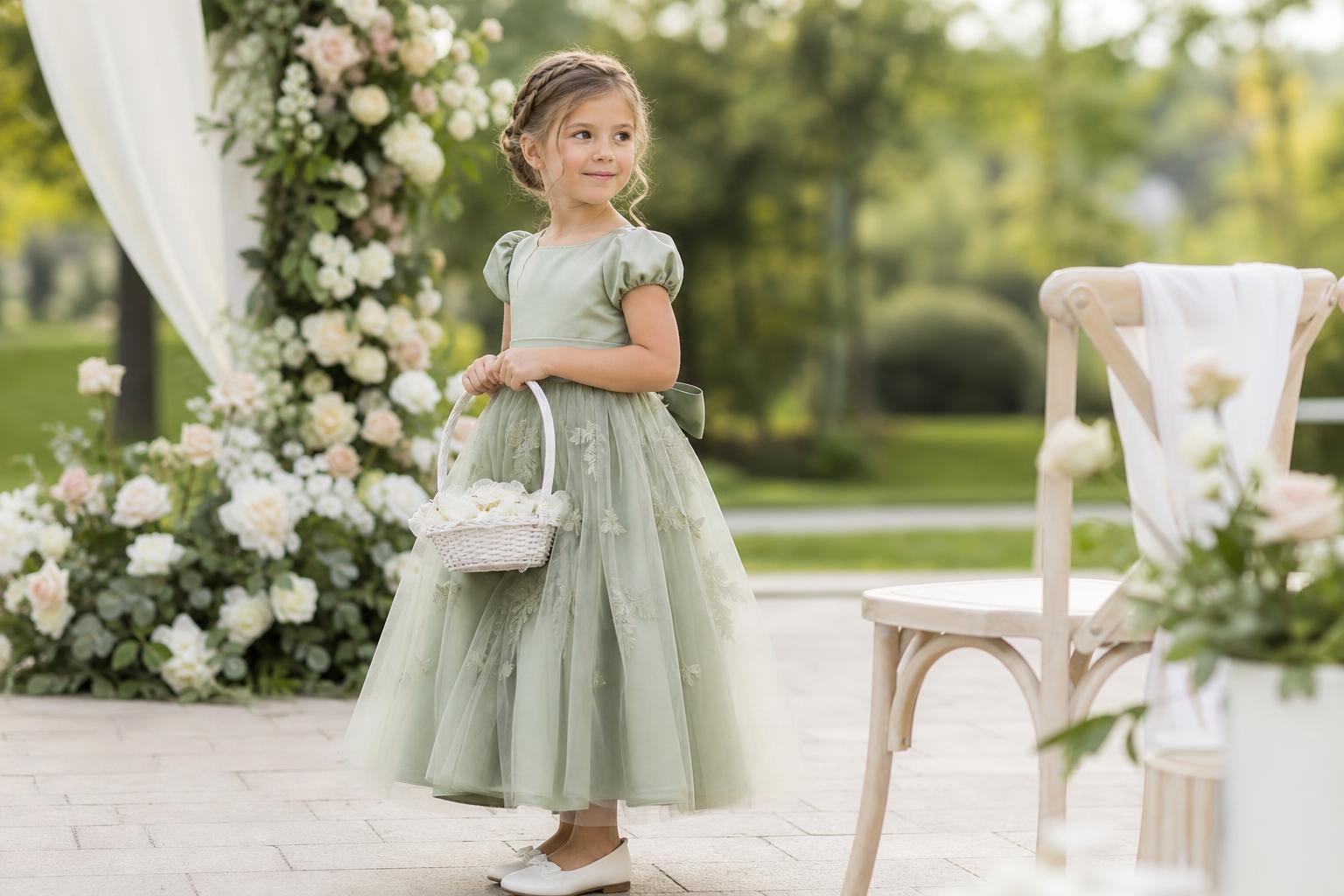Sage green flower girl dress with lace bodice and soft tulle skirt, styled for a romantic wedding ceremony